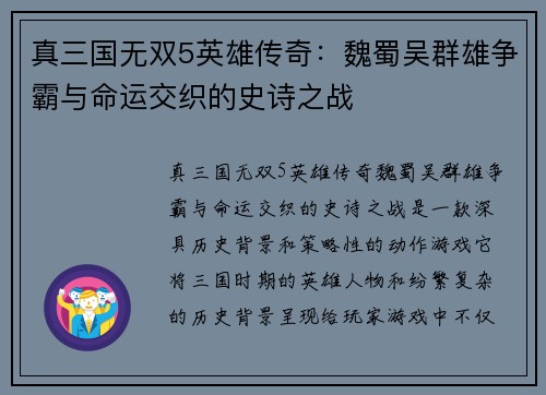 真三国无双5英雄传奇:魏蜀吴群雄争霸与命运交织的史诗之战 真三国无双5英雄传奇:魏蜀吴群雄争霸与命运交织的史诗之战